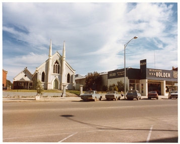 Photograph, Pleasant Creek Special School, Methodist Church & McCracken's Holden Dealership Nov 1975, Nov 1975