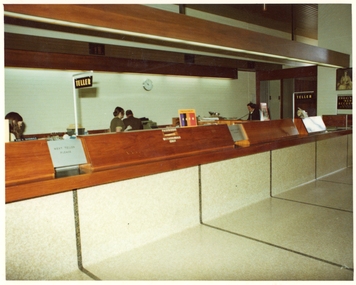 Photograph, Pleasant Creek Special School, State Savings Bank Interior with Kaye Baxendale ? ? ? Nov 1975, Nov 1975