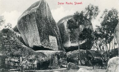Postcard, Sister Rocks Stawell c1906  with man and horse and buggy