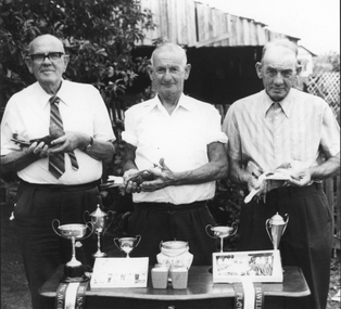 Photograph, Presentation of trophies for pigeon race.  1960