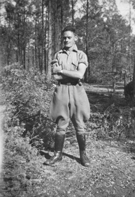 Photograph, Man posing in forest in riding gear c1940's