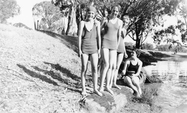 Photograph, Group of four girls at swimming hole, 1900 - 1940