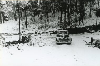 Photograph, Car on the road in the Grampians with Snow 1949