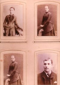 Photograph, Four Studio Portraits of three women standing beside chair or couch (two the same) and one man