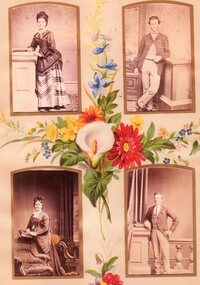 Photograph, Coloured page of flowers with four inserted studio portraits of two women and two men