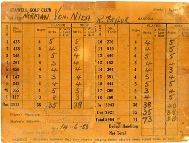 Photograph, Stawell Golf Bowls Club -- Golf/Bowls Yellow Album -- Named Score Card -- Coloured
