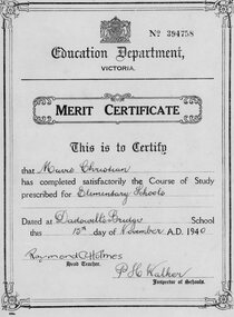 Document - Certificate, Merit Certificate of Mavis Christian, 1900 - 1940