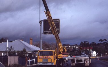 Photograph - Slides, Ian McCann, Crane from Stawell Mobile Crane's erecting power pole in lower Scallan Street in 1980, 1976-1984