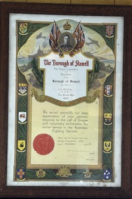 Archive - Framed Certificate, Borough of Stawell Appreciation Certificate to A.F. Fielding WW2, 1939