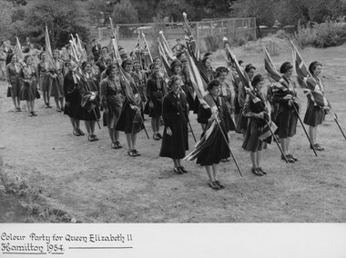 Photograph, Colour party for Queen Elizabeth II all in Guide Uniform at Hamilton 1954