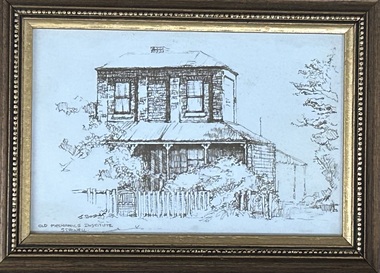 Photograph, Framed drawing of old Literary Institute with verandah