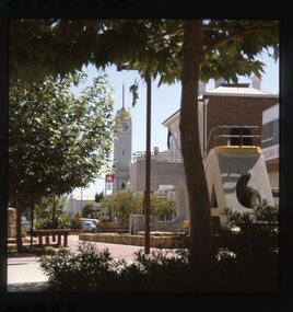 Slide, Set of Large Format colour positive slides of Stawell c1970 - Looking toward the Town Hall from in the Mall.  Playground in foreground