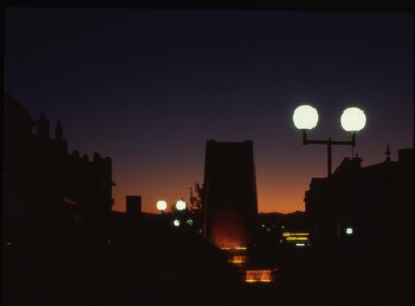 Slide, Set of Large Format colour positive slides of Stawell c1970 - Night shot of Fountain in Mall