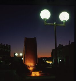 Slide, Set of Large Format colour positive slides of Stawell c1970 - Night photo of Fountain in Gold Reef Mall