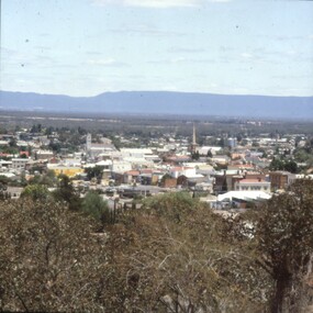 Slide, Set of Large Format colour positive slides of Stawell c1970 - Stawell from Big Hill with Grampians in Distance