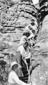 Photograph, Cragg girls climbing ladder in Grampians 1923 or 1924