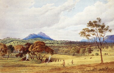 Photograph, Painting Of Langi Ghiran by Duncan Cooper and line drawing of Native camp