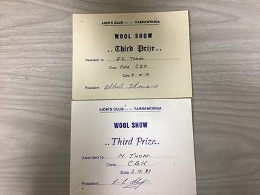 Memorabilia - Wool Show Prize cards, Yarrawonga Chronicle, Lions Club Wool Show