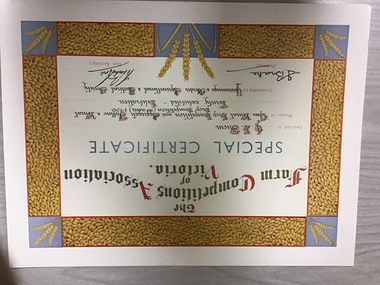 Prize certificate Yarrawonga A&P Association, Farm Competitions Association of Victoria