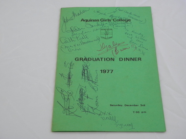 Booklet, Aquinas Girls College Graduation Dinner 1977, December 1977