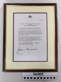 Letter from John Howard, Prime Minister of Australia, Message: St John of Kronstadt Russian Welfare Society Golden Jubilee Celebrations, 2005