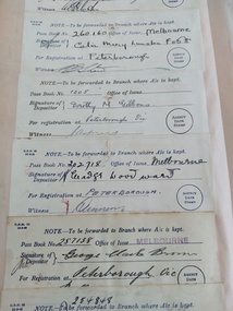 Page from the signature verification book showing the pasted in slips sent from other CBA branches