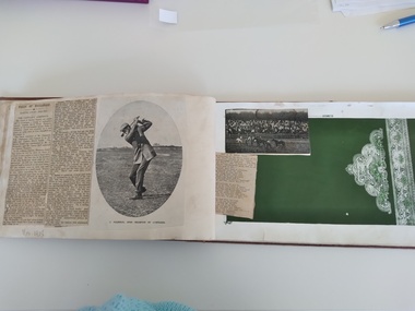 Page from the scapbook showing an example of the original holland blind sample book and newspaper clippings pasted in, one  about C Felstead, the other about the marine enquiry into the wreck of the Falls of Halladle.golfer and 