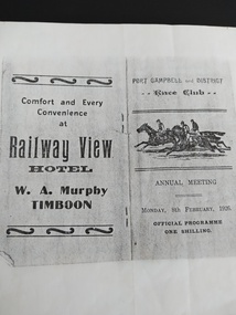 Booklet - Race Card, Port Campbell and District Race Club Annual Meeting Monday 8th February 1926