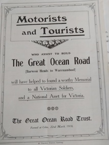 Booklet, Motorists and Tourists who assist to build The Great Ocean Road (Barwon Heads to Warrnambool)