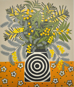 Print (lino): Kate HUDSON (b.UK - a.1990 AUS), Kate Hudson, Wattle and Circle Vase, 2012
