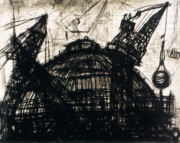 Print (drypoint): Marco LUCCIO (b.1969 ITA, arrived 1974 AUS)), Cranes and State Library from the QVB Site