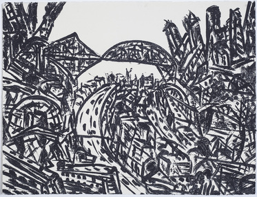 Print (sugarlift etching): Jan SENBERGS (b.1939 Lativia, arrived AUS 1950), Jan Sensbergs, 'New Jersey - rust belt' from the 'Baldessin & Friends' commemorative folio, 2016