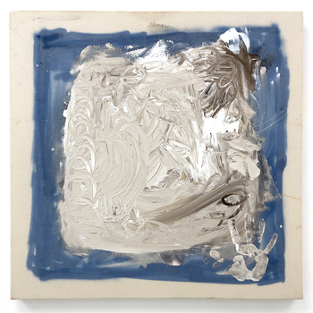 An abstract painting with white and grey marks made by the finger and hand on a blue square of sprayed paint. It has a blue square perhaps in spraypaint with a white and grey centre made with squiggling lines of paint made with the finger.  A white/grey handprint is in the bottom right corner.