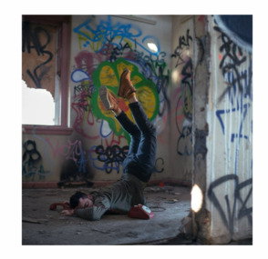 This photograph is taken at the site of the ruins of an old asylum in Bundoora, graffiti covers the walls and light filters in through a broken window on the left.  This is a place of solitude for the artist.  In this self-portrait the artist is pictured precariously balancing on his chest while his legs are floating in the air.  He holds onto an old style red telephone receiver that appears to anchor him to the ground.  