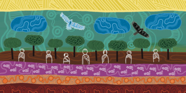 Bunjil (The wedge tailed eagle) and Waa (the crow) are soaring and guiding throughout the skies. Bunjil is the Ancestral creator and Waa, the Ancestral Crow, is the protector. The layers and designs in the artwork reflect the varying seasons in the Kulin Nation. The yellow reflects the sun coming out after the winter and the healing nature of light in our lives. Elders are celebrated as the knowledge holders giving guidance and passing down cultural knowledge and practices. The footprints acknowledge the journey of Ancestors across the Kulin Nation including Wurundjeri Ancestor Barak and his 67km walk from Corranderk to Melbourne to deliver a petition to improve conditions at Corranderk where Megan’s Great Grandmother would later reside. Megan lives on Wurundjeri country in Nillumbik, the trees represent this landscape and the need for preservation.