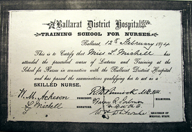 Nurse Training Certificate, Miss L Michell, 1894, February 1894