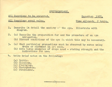 Ophthalmology Exam Paper, December 1955, Ballarat Base Hospital