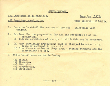 Ophthalmology Exam Paper, December 1955, Ballarat Base Hospital