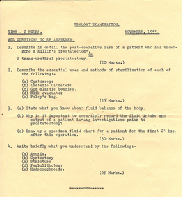 Urology Exam Paper, November 1955, Ballarat Base Hospital