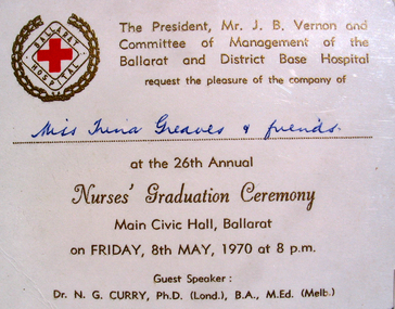 Nurse Graduation Ceremony Invitation, May 1970, Ballarat Base Hospital