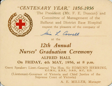 Nurses Graduation Ceremony Invitation, May 1956, Ballarat Base Hospital