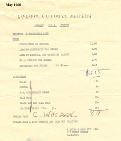List of Books/Stationary - 1968, PTS, Ballarat Base Hospital