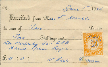 League Membership Receipt, 1956, Ballarat Base Hospital