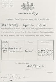 1872, Medical Board Certificate, Joseph Francis Usher