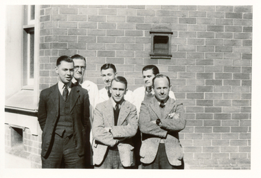 (L-R) Algie Graham - Dispensor, Bill Sorrell - Lab Tech, Dr Phil Griffiths, (front) Neil Bell - Office Boy, Lawrie Trudinger - Medical Supervisor, Ewan Evans - Manager