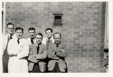 (back) Algie Graham - Dispensor, Bill Sorrell - Lab Tech, Dr Phil Griffiths, (front) Dr Quinton Whitehead, Lawrie Trudinger - Medical Supervisor, Ewan Evans - Manager