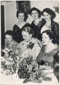 1956 July & Oct Finalists Dinner: back - Alison McGregor, Win Menadue, Linda Cowell. seated - Elwyn Wilks, Miss Langham & June Parkinson