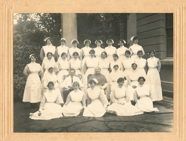 1918/07/03, Nurses & Miss Davidson, Acting Matron WW1, names on back. Also book given to Matron Davidson in 1917 - donated by Karyn Davidson