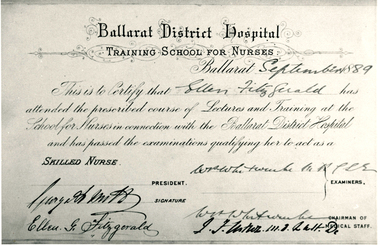 Nurse Training Certificate, Ellen Fitzgerald, 1889