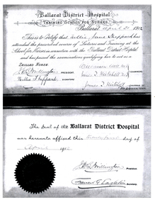 Nellie Jane Sheppard, 21st April 1912, Certificate on Completion of Nurse Training, Ballarat District Hospital